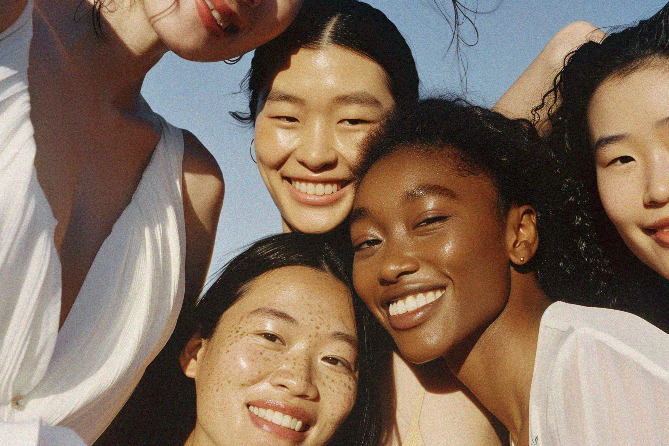 Lächelnde Frauen mit unterschiedlichen Hauttypen in der Sonne